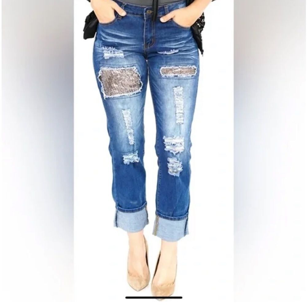 L & B Creations Silver Sequin Patch Boyfriend Skinny Jean - Size 20 denim Blue - Picture 11 of 11